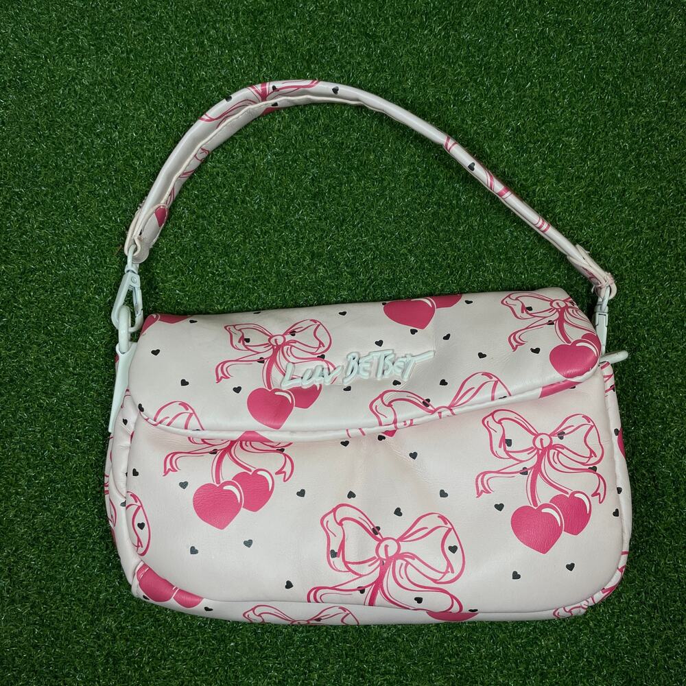 Betsey Johnson Pink Cherry Bow Heart Shoulder Bag Crossbody Purse w/ Strap